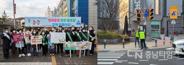 2022.02.24. 등굣길 어린이 교통안전 캠페인 장면(왼쪽), 교통안전 횡단보도 시설물 정비. 사진=아산시